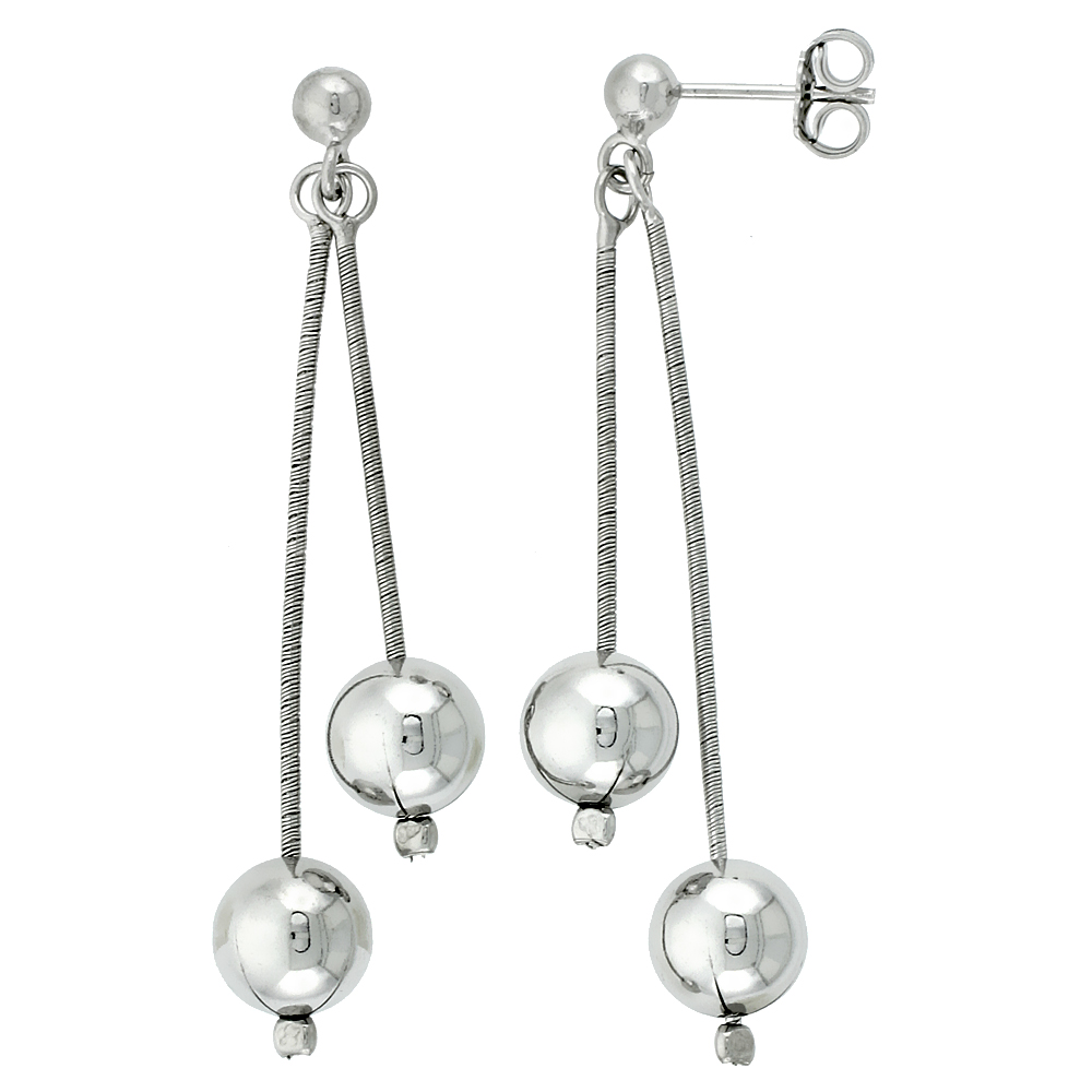 Sterling Silver Ball Double Drop Earrings Rhodium Finish, 2 inches long