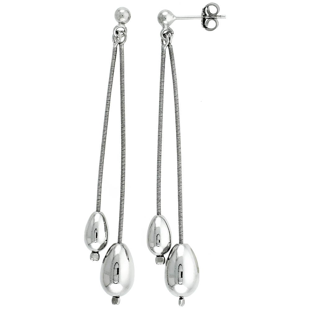 Sterling Silver Egg-shaped Double Drop Earrings Rhodium Finish, 2 11/16 inches long