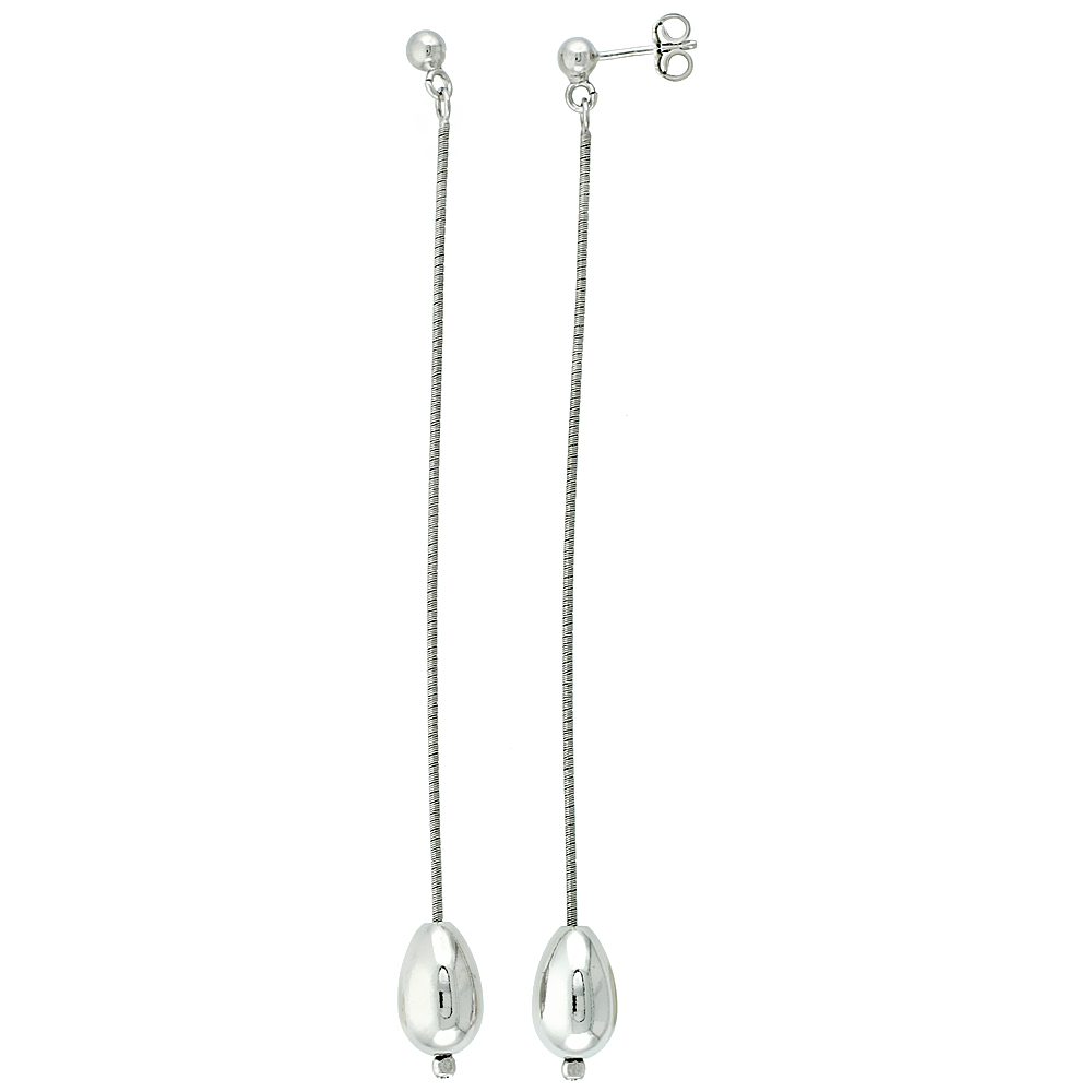 Sterling Silver Egg-shaped Drop Earrings Rhodium Finish, 3 3/4 inches long
