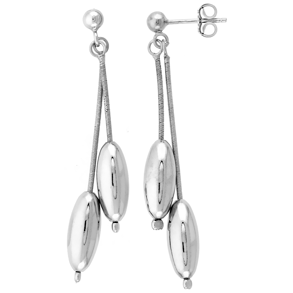 Sterling Silver Elongated Oval Drop Earrings Rhodium Finish, 2 inches long