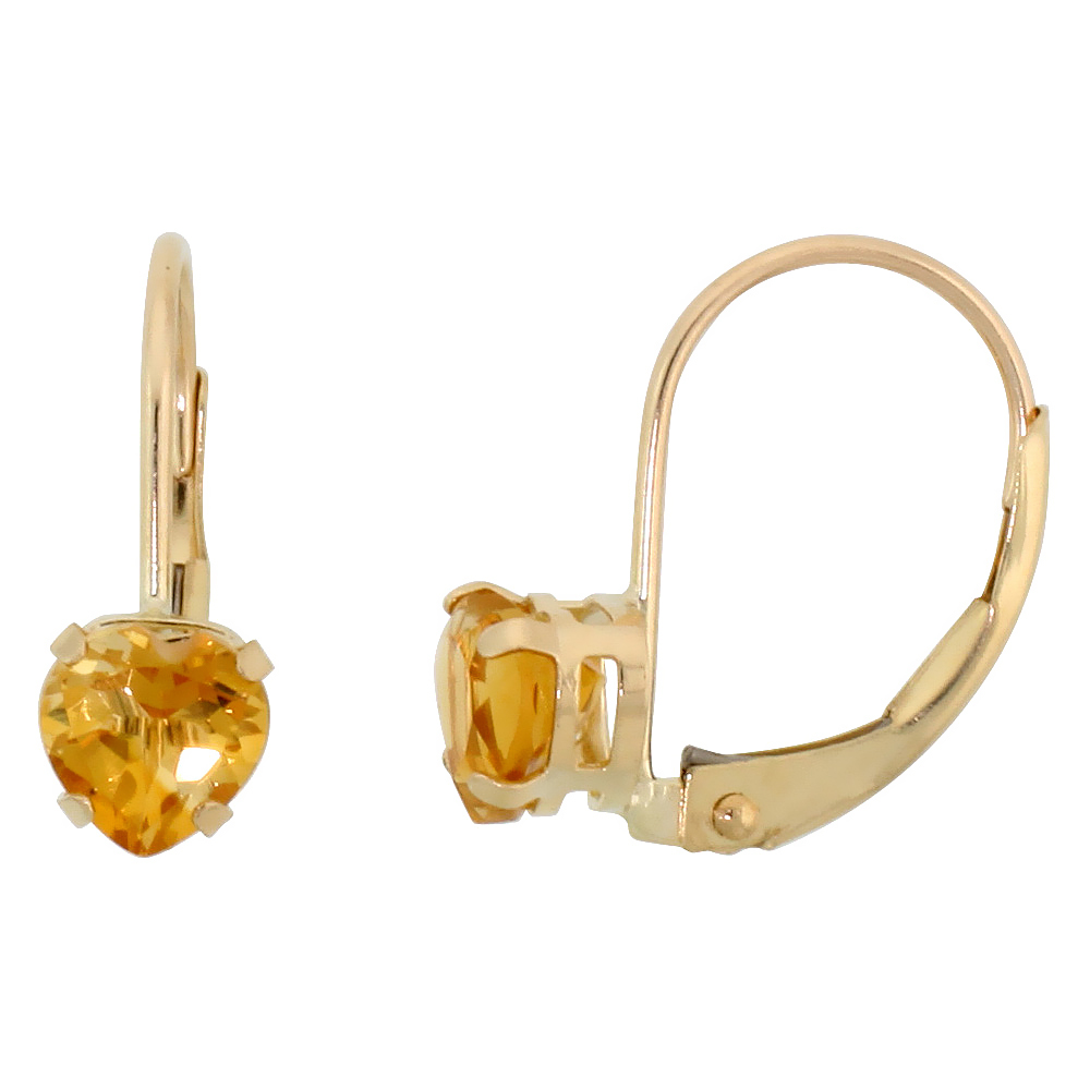 10k Yellow Gold Natural Citrine Heart Leverback Earrings 5mm November Birthstone 9/16 inch long