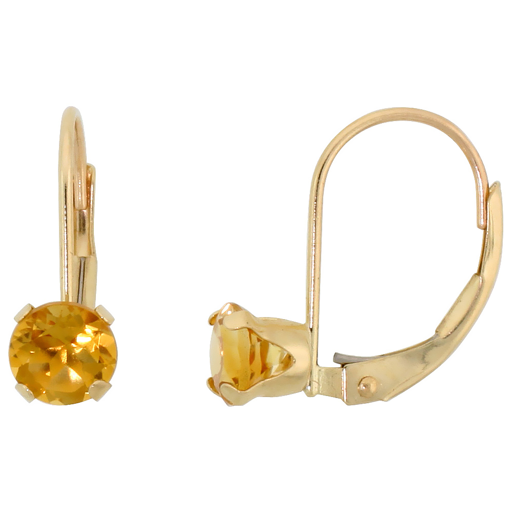 10k Yellow Gold Natural Citrine Leverback Earrings 5mm Brilliant Cut November Birthstone 9/16 inch long