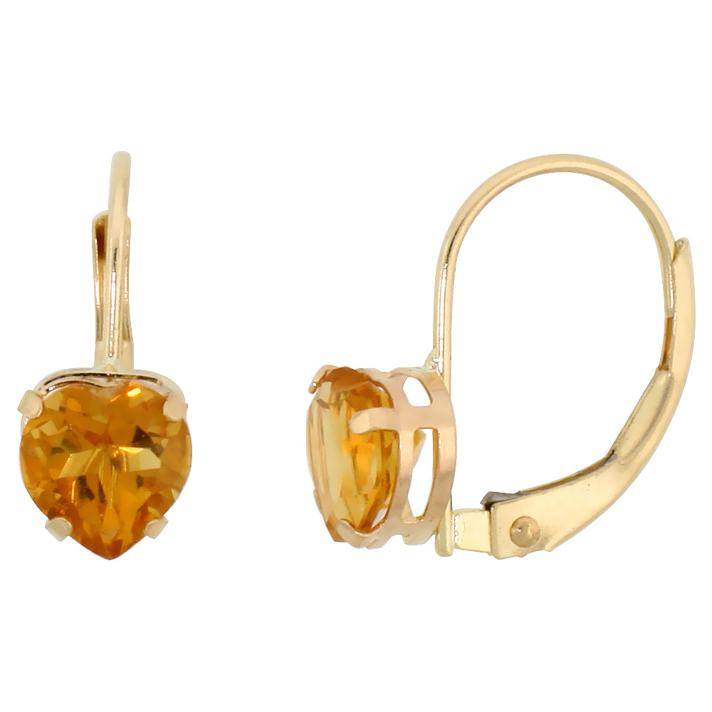 10k Yellow Gold Natural Citrine Heart Leverback Earrings 6mm November Birthstone 9/16 inch long
