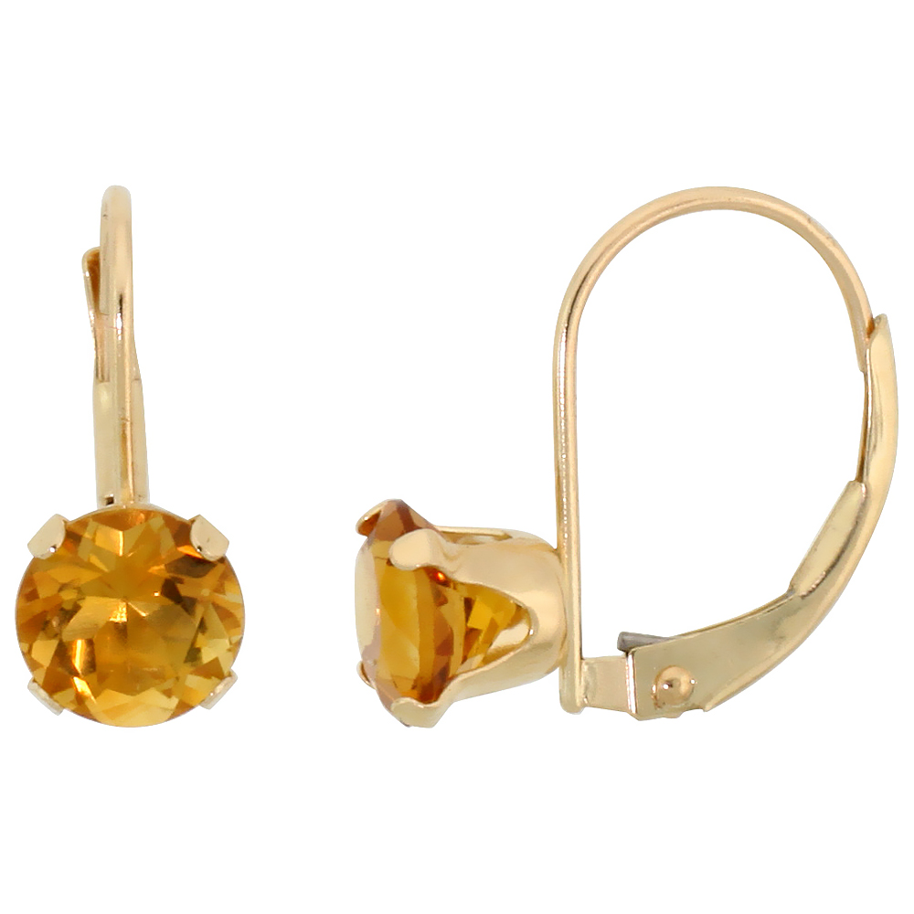 10k Yellow Gold Natural Citrine Leverback Earrings 6mm Brilliant Cut November Birthstone 9/16 inch long