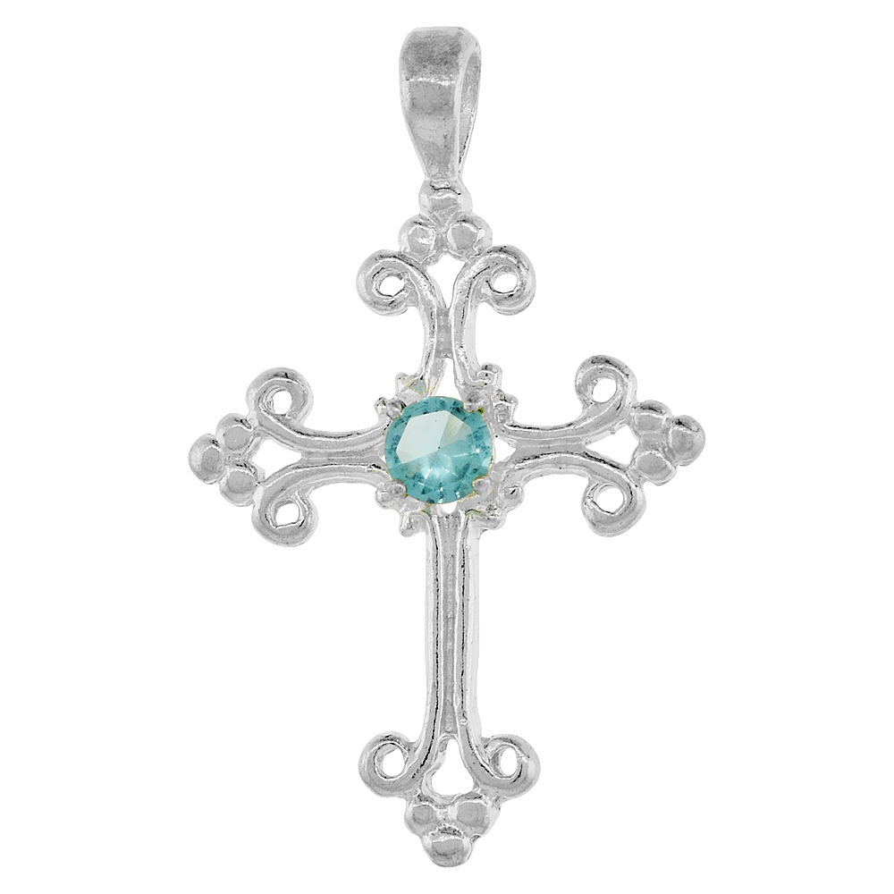 Sterling Silver Light Blue Cubic Zirconia Fleury Cross Pendant, 1 inch long