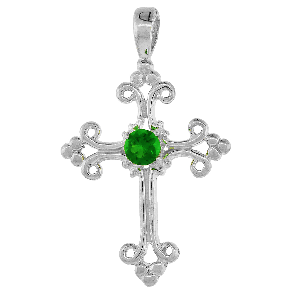 Sterling Silver Green Cubic Zirconia Fleury Cross Pendant, 1 inch long