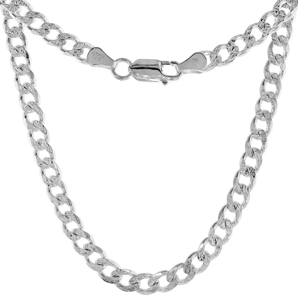 Sterling Silver Curb Cuban Link Chain Necklace 5.5mm Pave Cut Beveled Nickel Free Italy, 7-30 inch