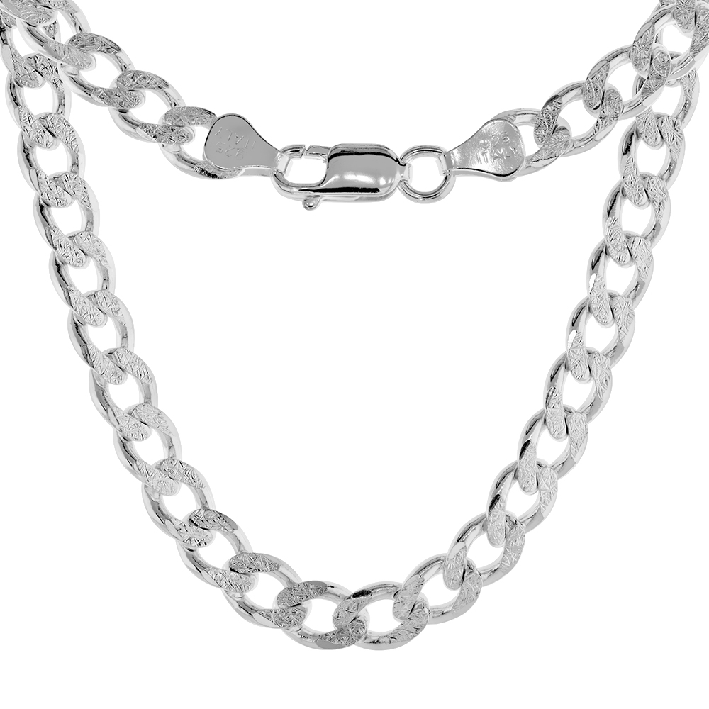 Sterling Silver Curb Cuban Link Chain Necklace 6.6mm Pave Cut Beveled Nickel Free Italy, 7-30 inch