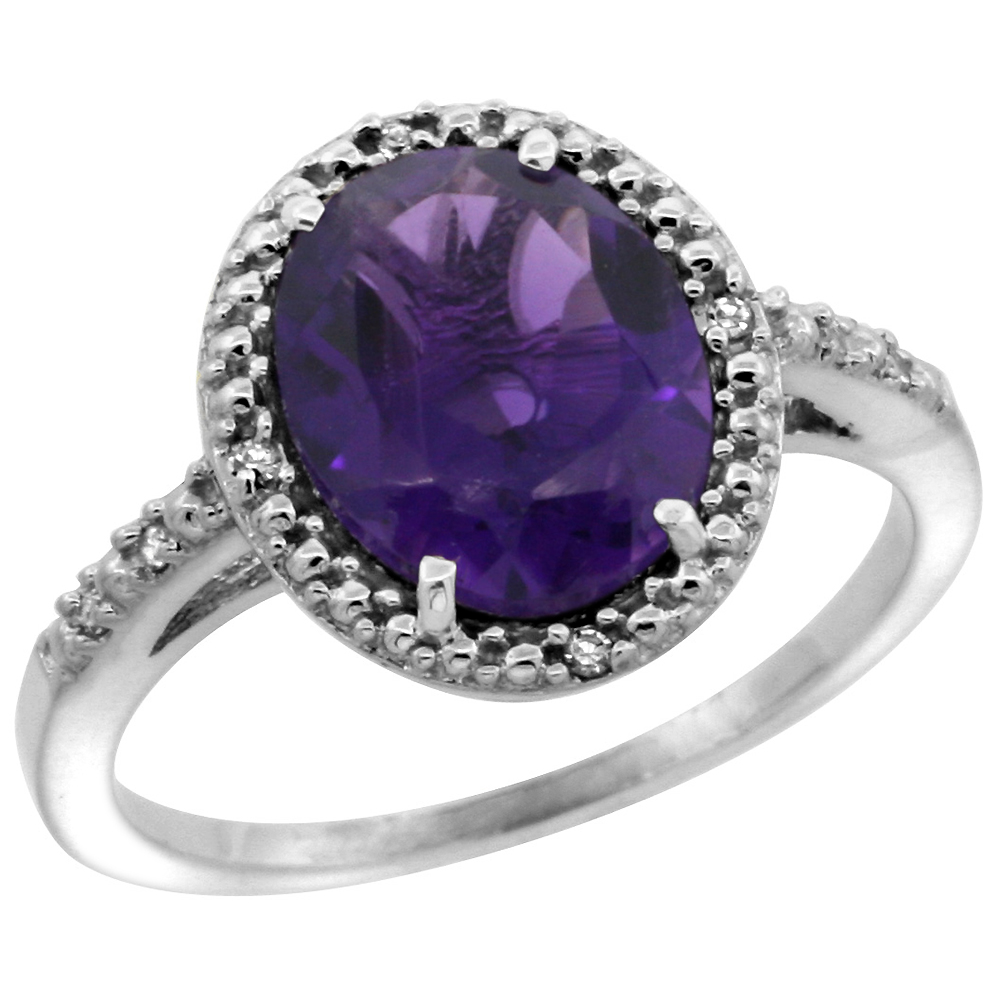 14K White Gold Diamond Genuine Amethyst Engagement Ring Oval 10x8mm, size 5-10