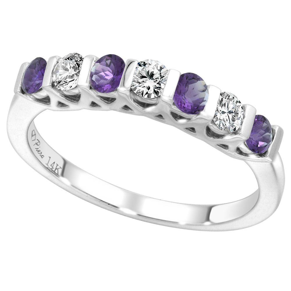 14k White Gold Genuine Amethyst & Diamond 7-Stone Ring Round Brilliant cut 0.3cttw 2.8mm, size 5-10