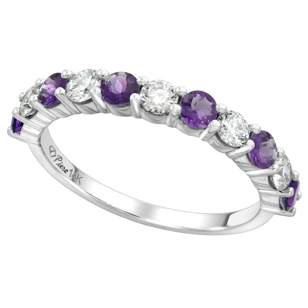 14k White Gold Genuine Amethyst & Diamond 11 Stone Ring Round Brilliant cut 0.6ct 3mm, size 5-10