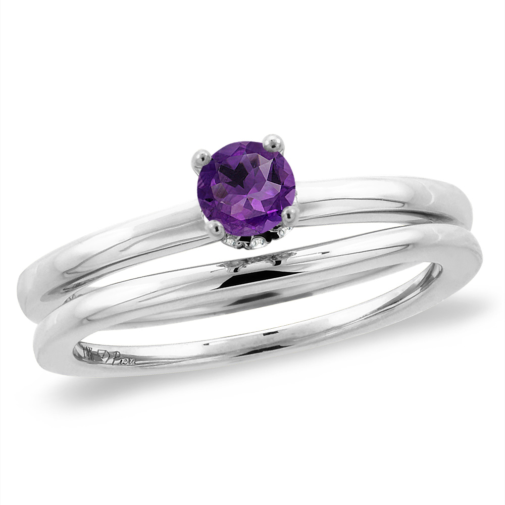 14K White Gold Diamond Natural Amethyst 2pc Solitaire Engagement Ring Set Round 6 mm, sizes 5-10