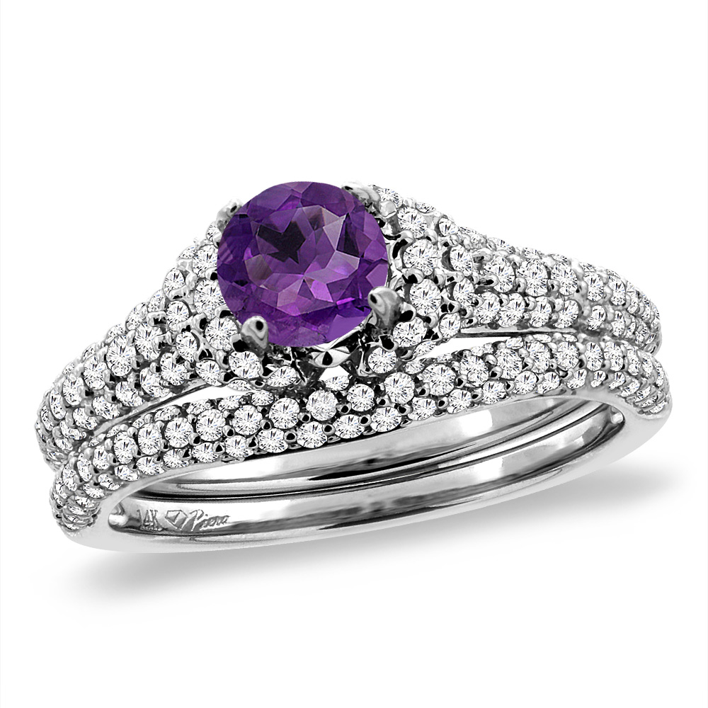 14K White Gold Diamond Natural Amethyst 2pc Engagement Ring Set Round 5 mm, sizes 5-10