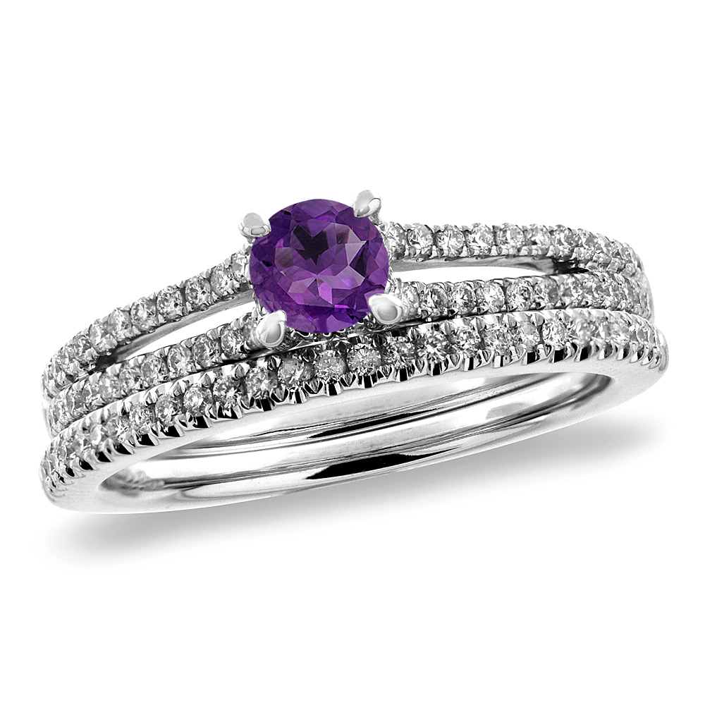 14K White Gold Diamond Natural Amethyst 2pc Engagement Ring Set Round 5 mm, sizes 5-10