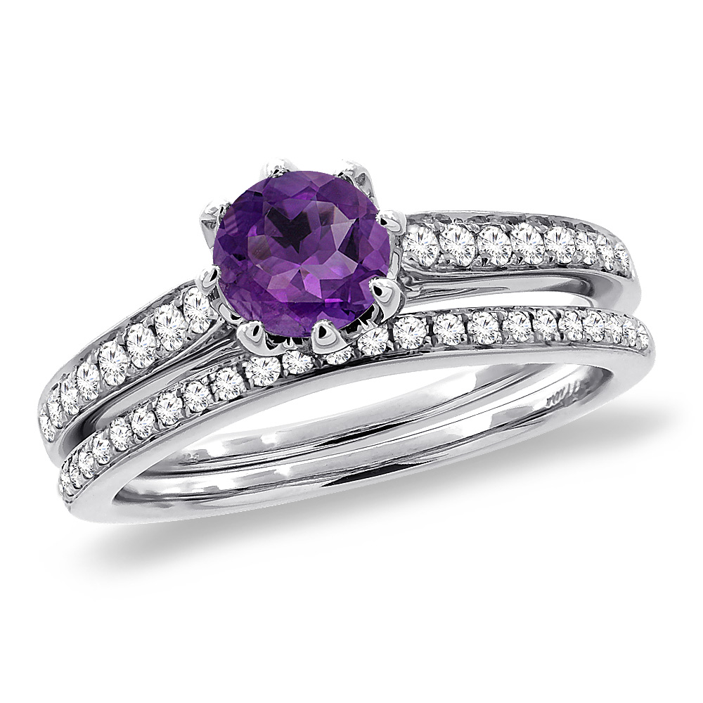 14K White Gold Diamond Natural Amethyst 2pc Engagement Ring Set Round 5 mm, sizes 5-10