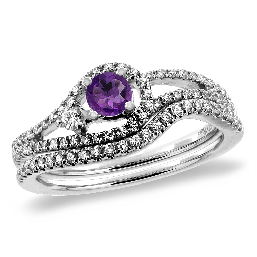 14K White Gold Diamond Natural Amethyst 2pc Engagement Ring Set Round 5 mm, sizes 5-10