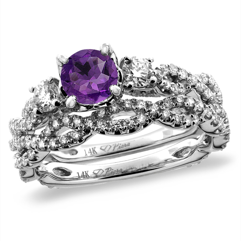 14K White/Yellow Gold Diamond Natural Amethyst 2pc Infinity Engagement Ring Set Round 5 mm, sizes 5-10