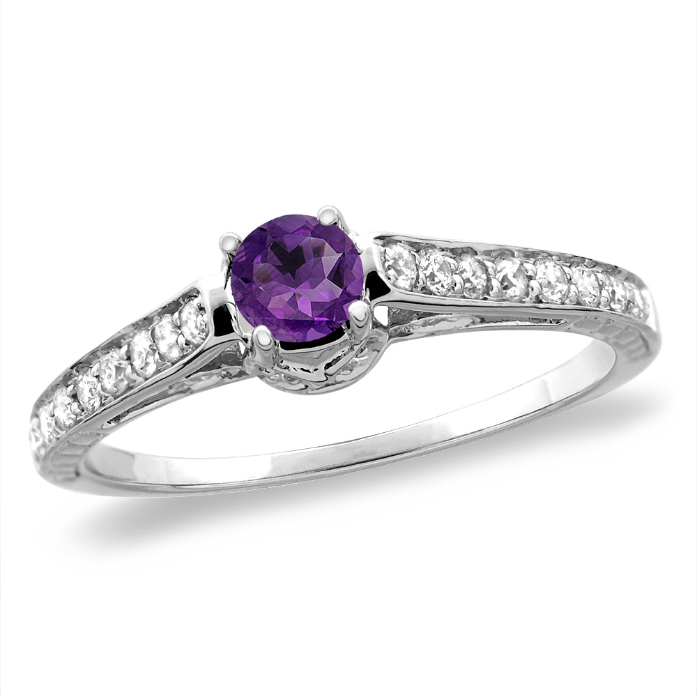 14K White/Yellow Gold Diamond Natural Amethyst Engagement Ring Round 5 mm, sizes 5-10