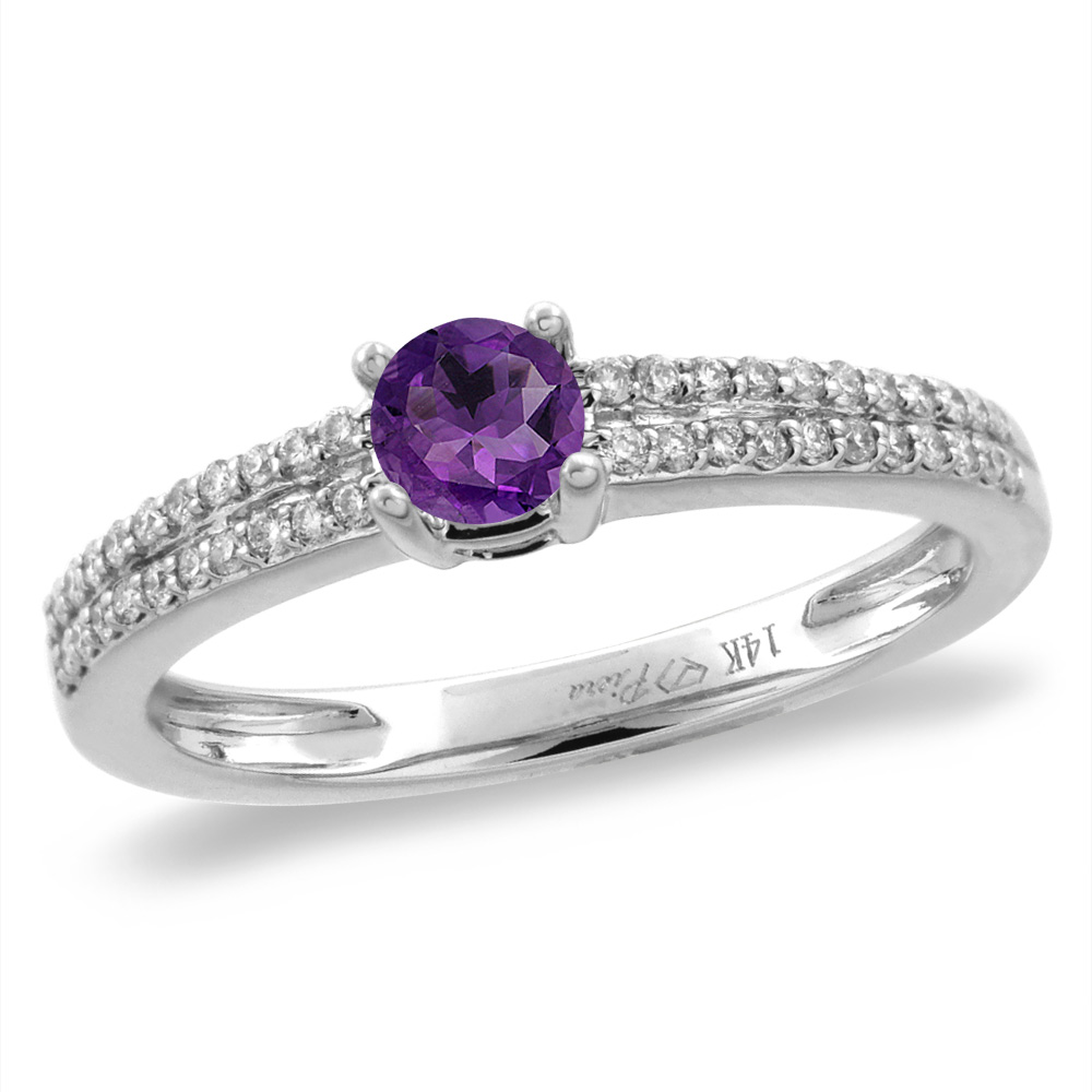 14K White/Yellow Gold Diamond Natural Amethyst Engagement Ring Round 5 mm, sizes 5-10