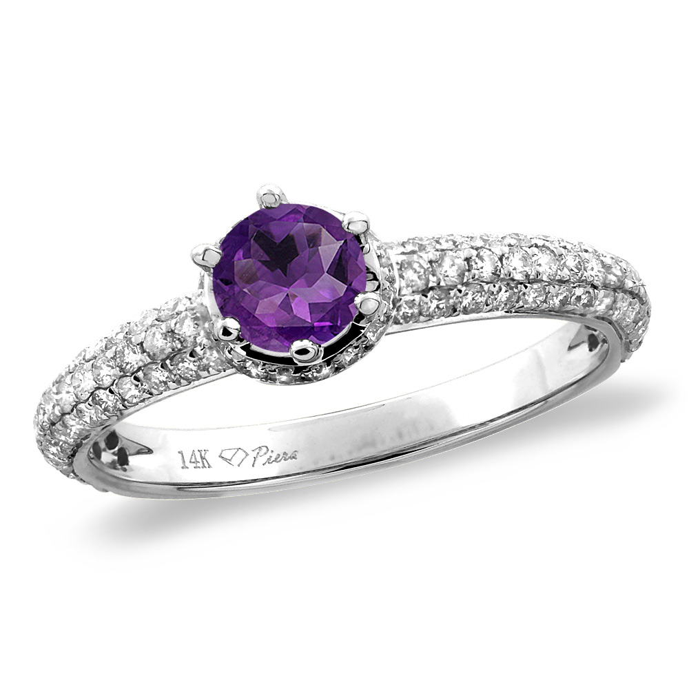 14K White/Yellow Gold Diamond Natural Amethyst Engagement Ring Round 5 mm, sizes 5-10