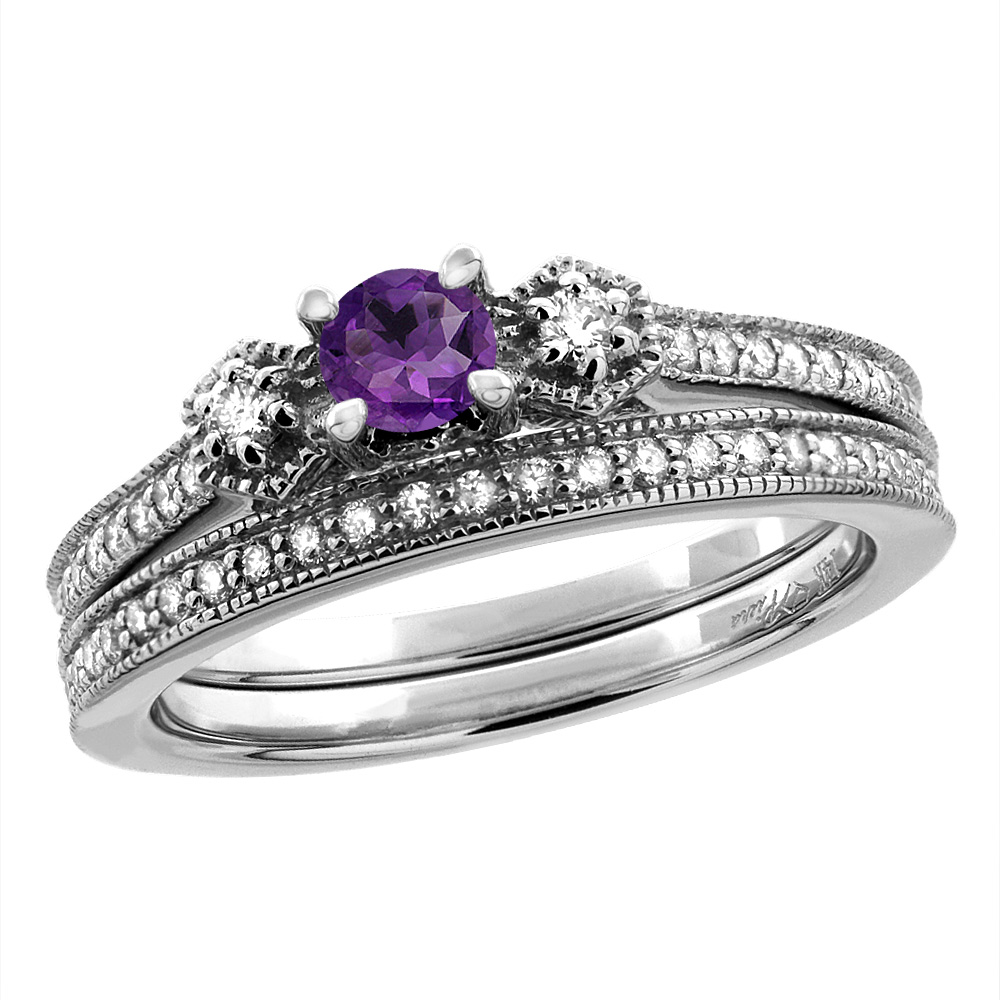 14K White/Yellow Gold Diamond Natural Amethyst 2pc Engagement Ring Set Round 4 mm, sizes 5 -10