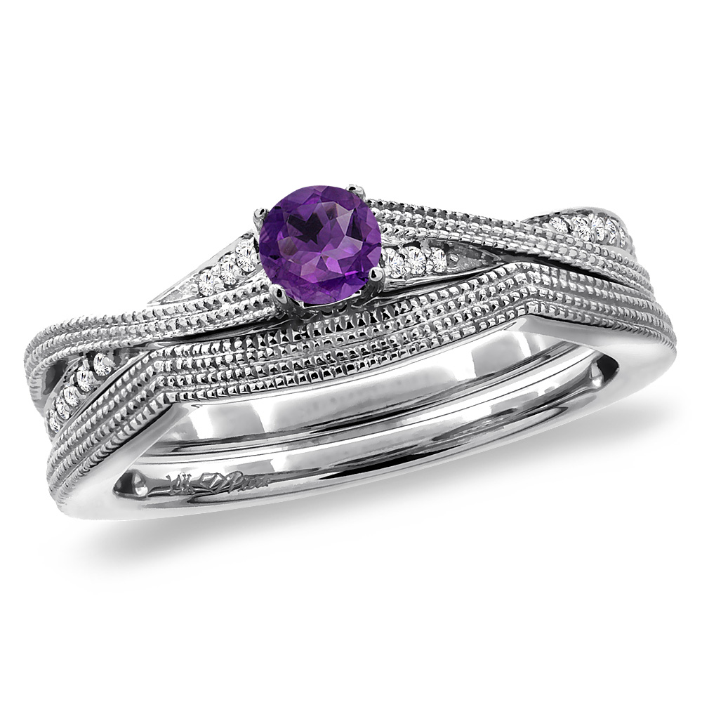 14K White Gold Diamond Natural Amethyst 2pc Engagement Ring Set Round 4 mm, sizes 5 -10