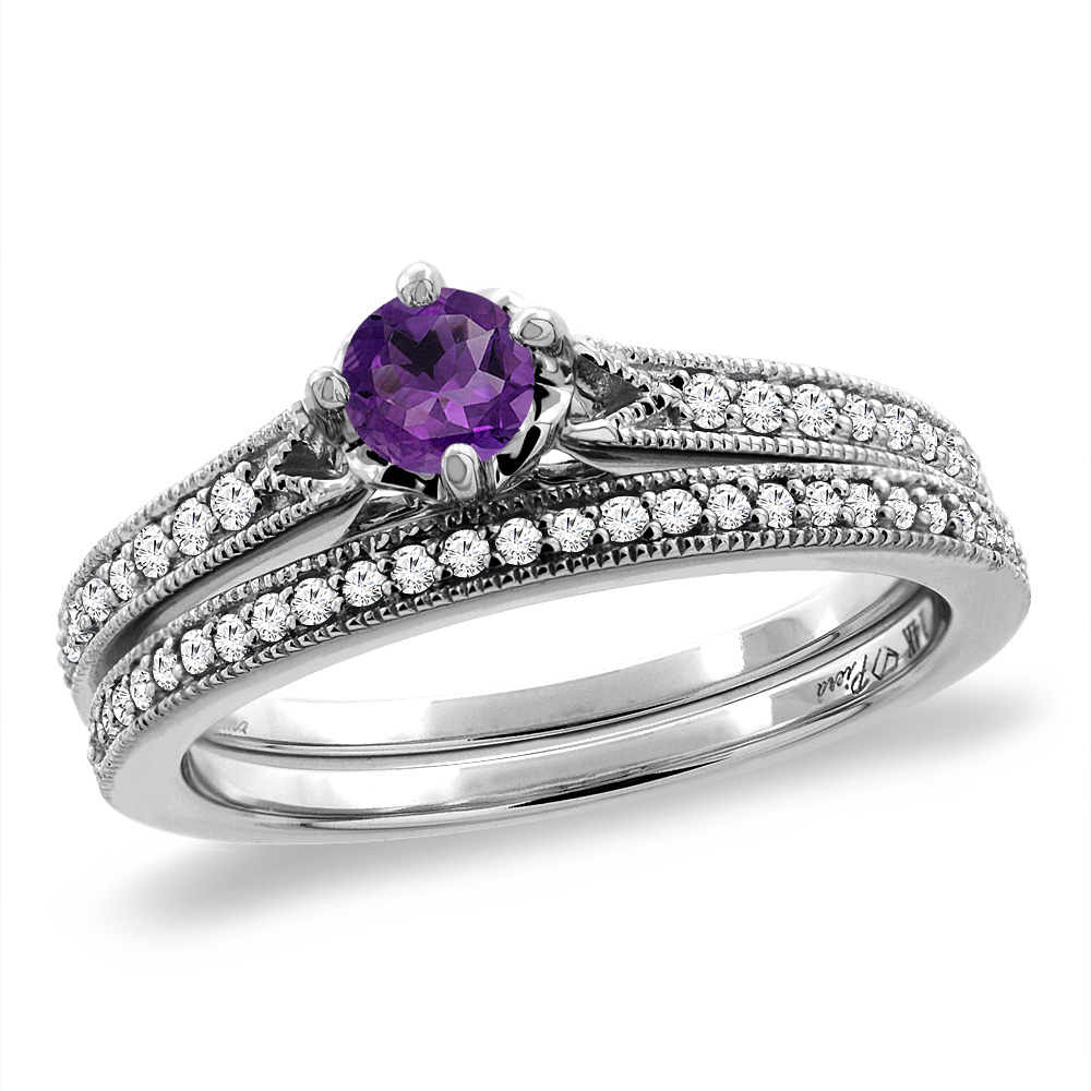 14K White Gold Diamond Natural Amethyst 2pc Engagement Ring Set Round 4 mm, sizes 5 -10