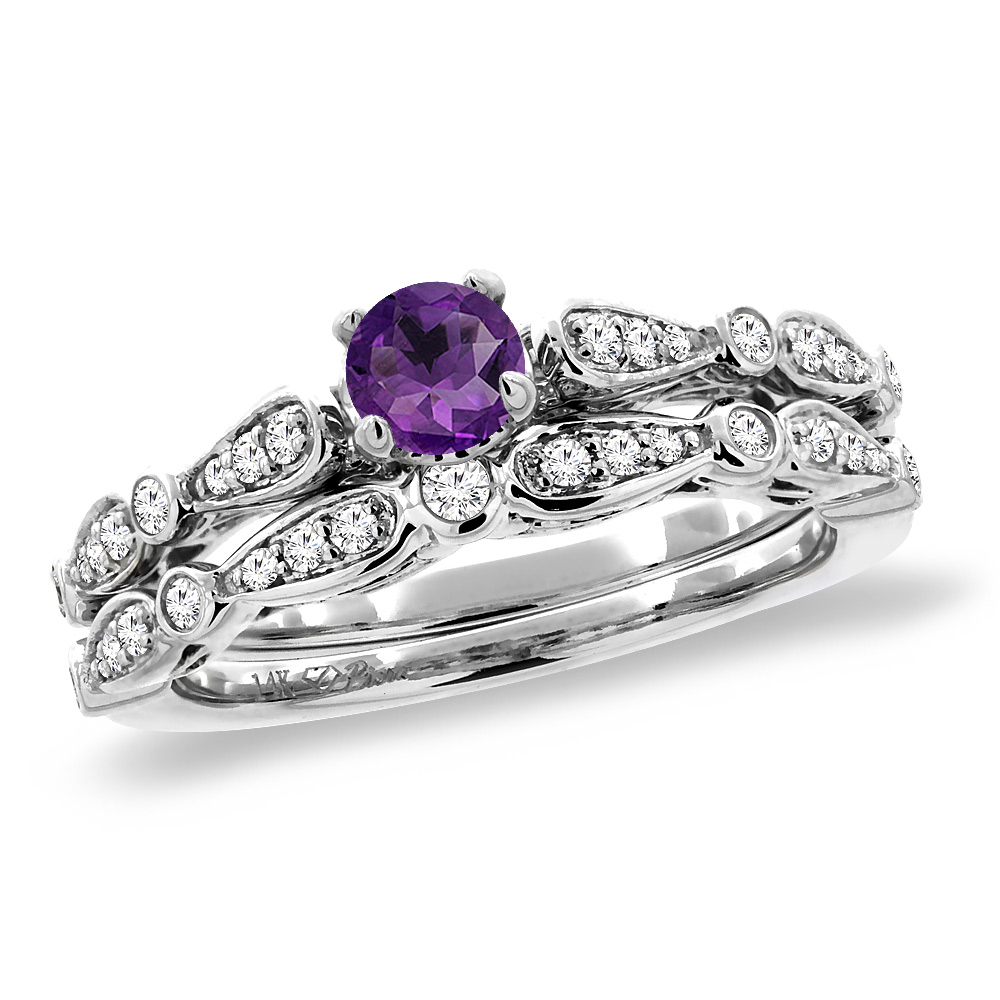 14K White Gold Diamond Natural Amethyst 2pc Engagement Ring Set Round 4 mm, sizes 5 -10