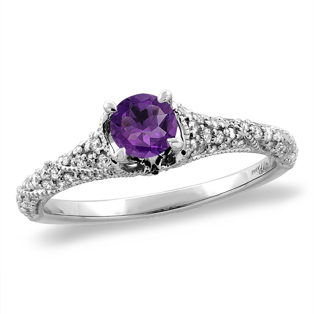14K White/Yellow Gold Diamond Natural Amethyst Engagement Ring Round 4 mm, sizes 5 -10