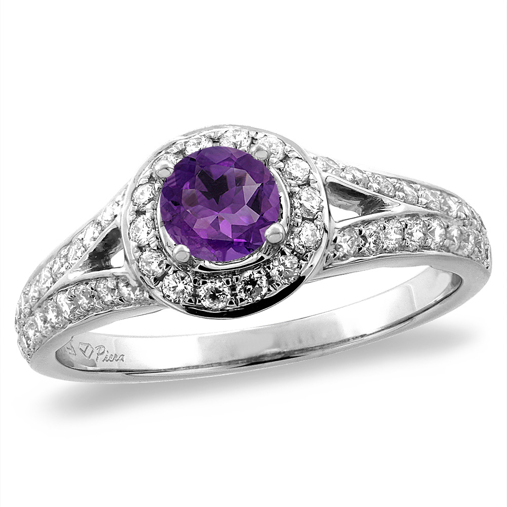 14K White/Yellow Gold Diamond Natural Amethyst Halo Engagement Ring Round 4 mm, sizes 5 -10