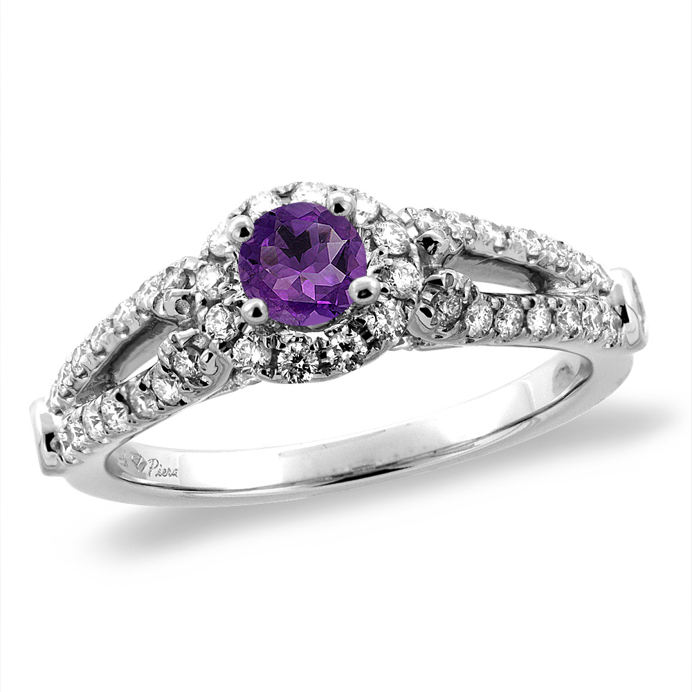 14K White/Yellow Gold Diamond Natural Amethyst Halo Engagement Ring Round 4 mm, sizes 5 -10