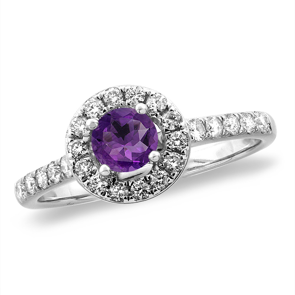 14K White/Yellow Gold Diamond Natural Amethyst Halo Engagement Ring Round 4 mm, sizes 5 -10