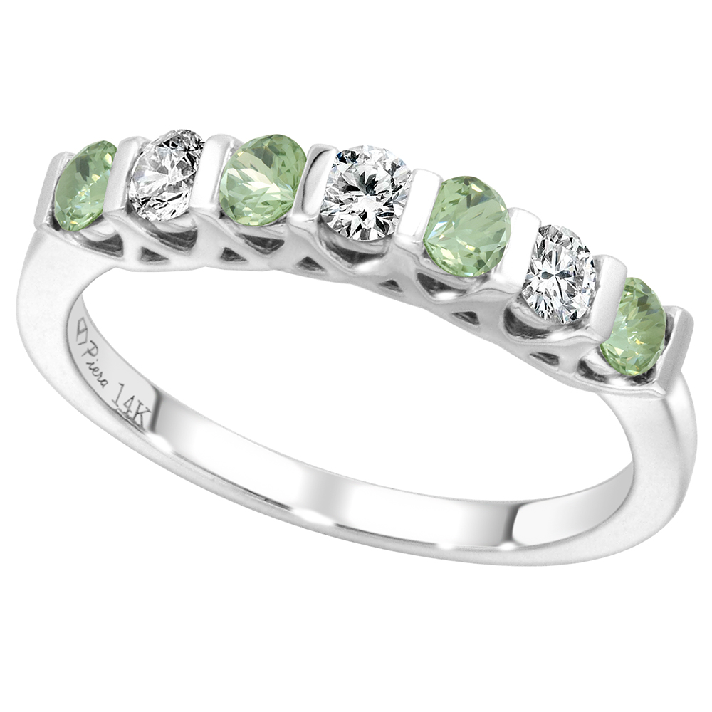 14k White Gold Genuine Green Amethyst & Diamond 7-Stone Ring Round Brilliant cut 0.3cttw 2.8mm, size 5-10