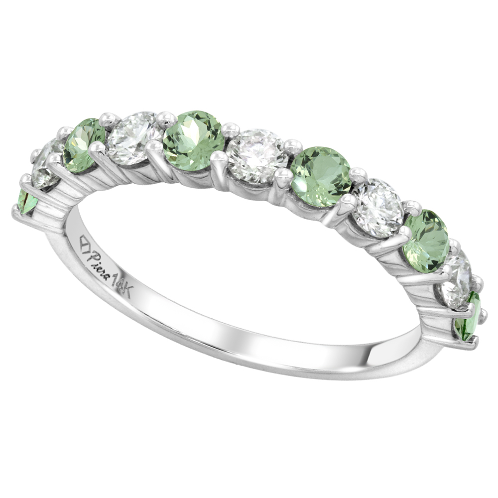 14k White Gold Genuine Green Amethyst & Diamond 11 Stone Ring Round Brilliant cut 0.6ct 3mm, size 5-10