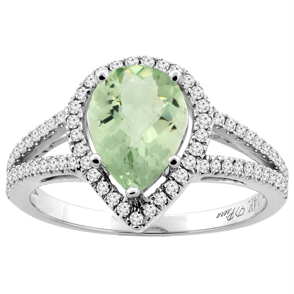 14K Gold Natural Green Amethyst Ring Pear Shape 9x7 mm Diamond Accents, sizes 5 - 10