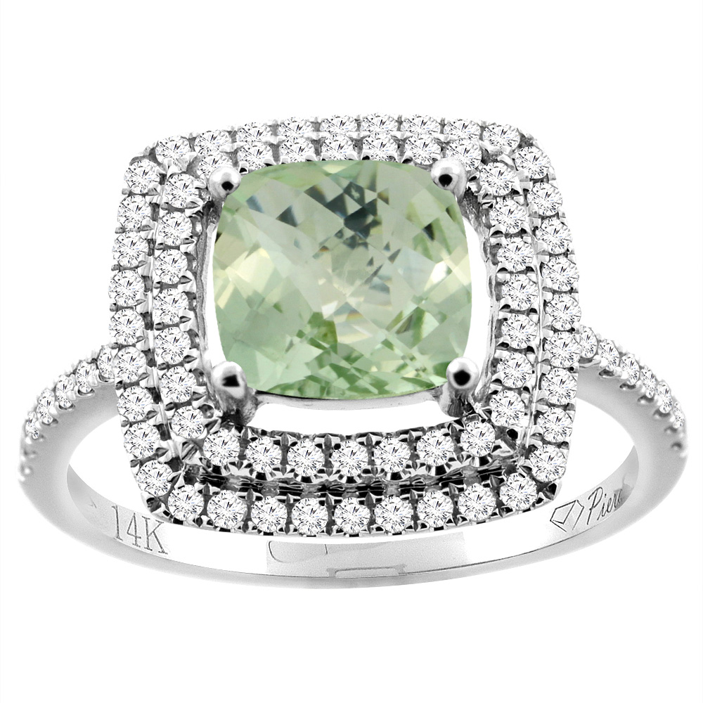 14K Gold Natural Green Amethyst Ring Cushion Cut 7x7 mm Double Halo Diamond Accents, sizes 5 - 10