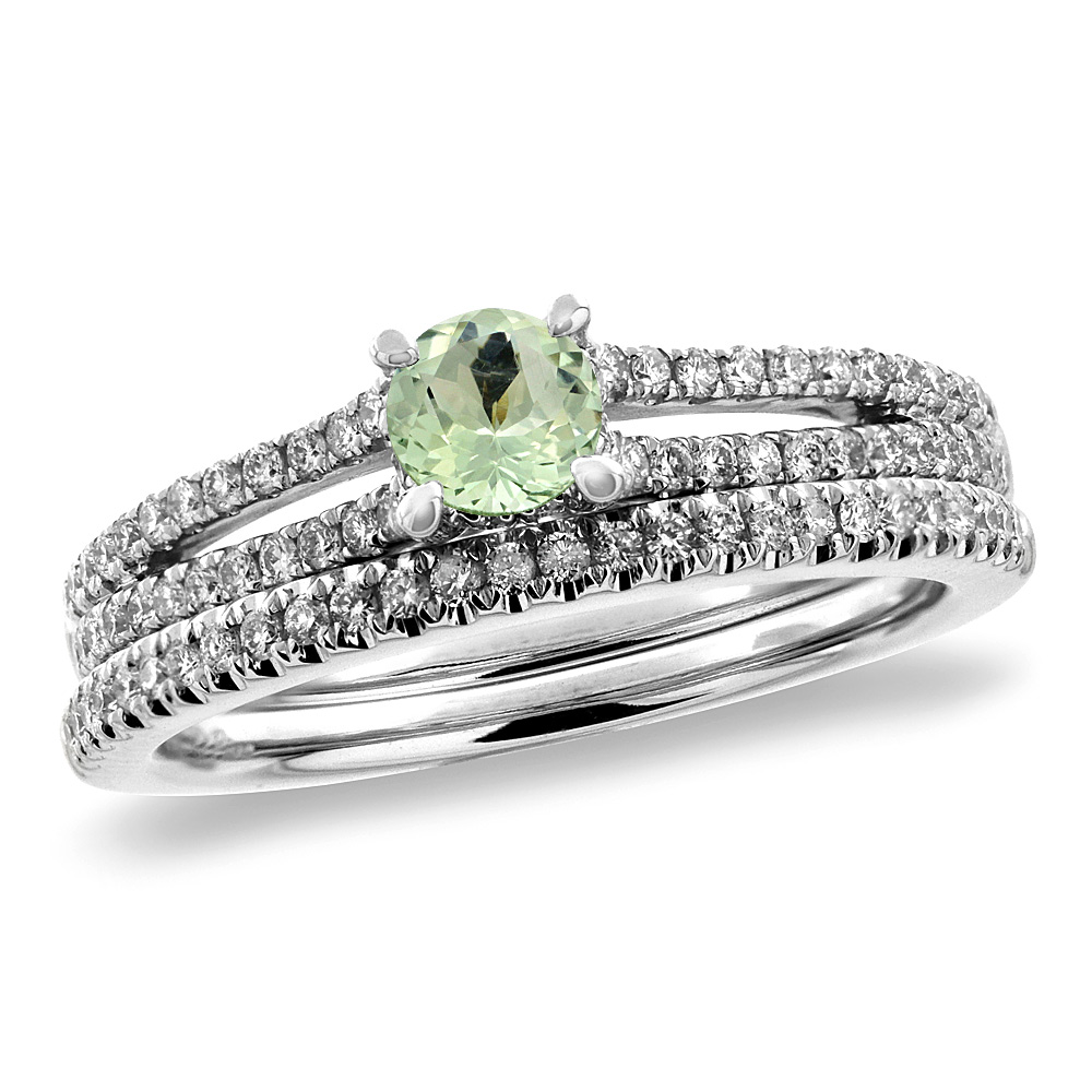14K White Gold Diamond Natural Green Amethyst 2pc Engagement Ring Set Round 5 mm, size 5-10