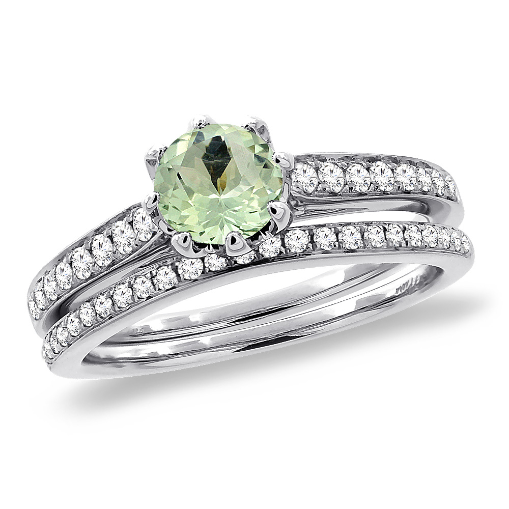 14K White Gold Diamond Natural Green Amethyst 2pc Engagement Ring Set Round 5 mm, size 5-10