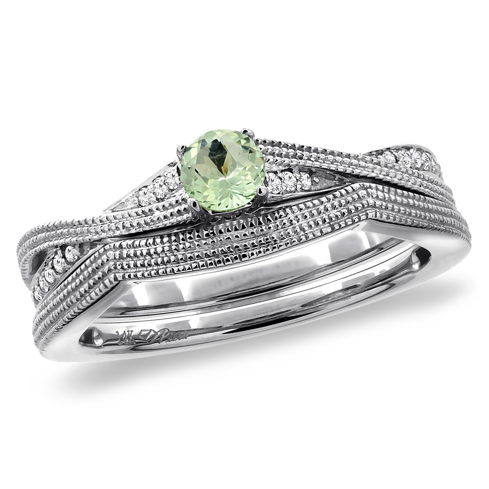 14K White Gold Diamond Natural Green Amethyst 2pc Engagement Ring Set Round 4 mm, sizes 5 - 10
