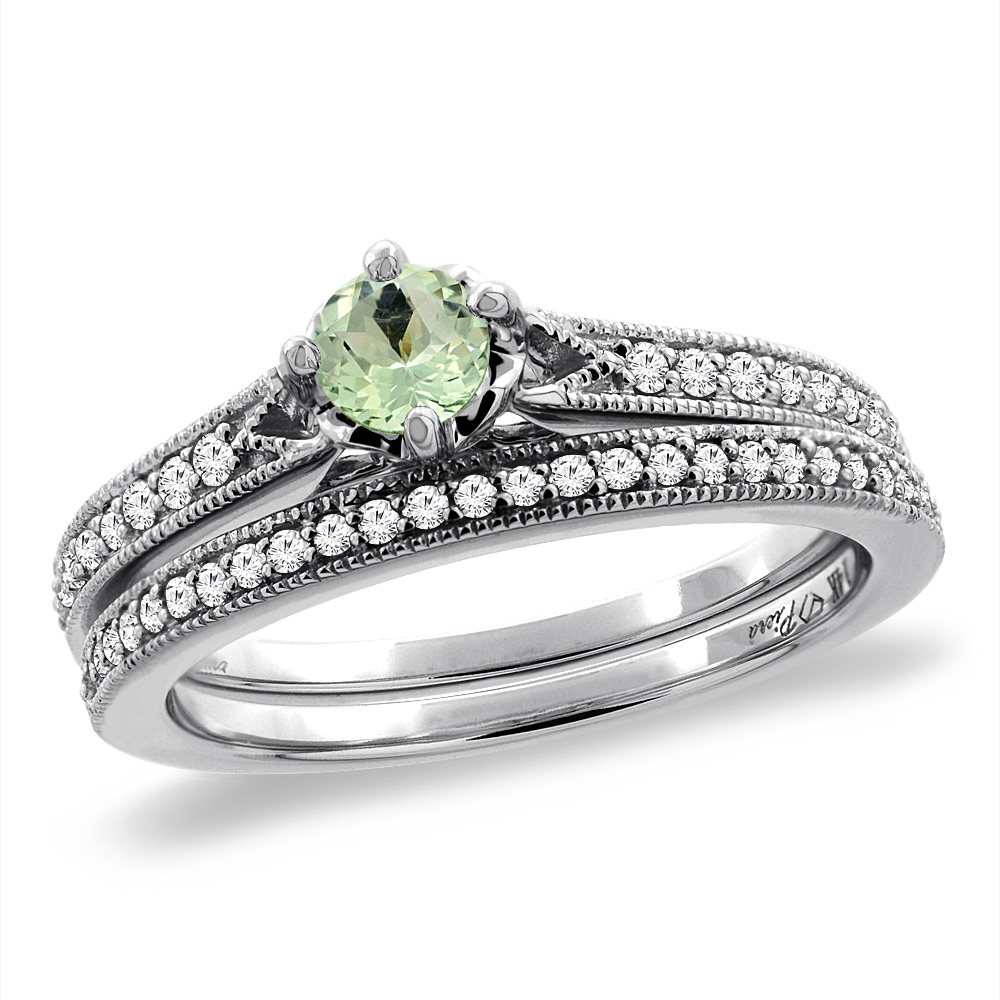 14K White Gold Diamond Natural Green Amethyst 2pc Engagement Ring Set Round 4 mm, sizes 5 - 10