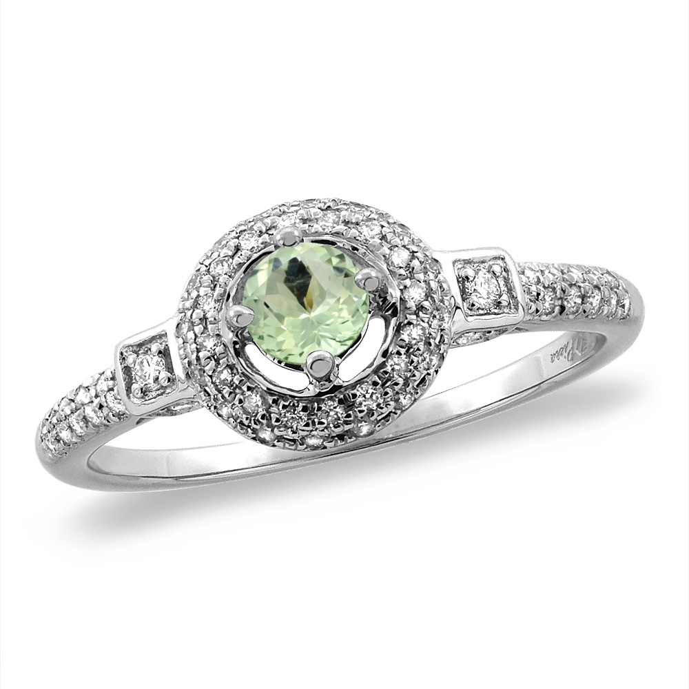 14K White/Yellow Gold Diamond Natural Green Amethyst Halo Engagement Ring Round 4 mm, sizes 5 -10