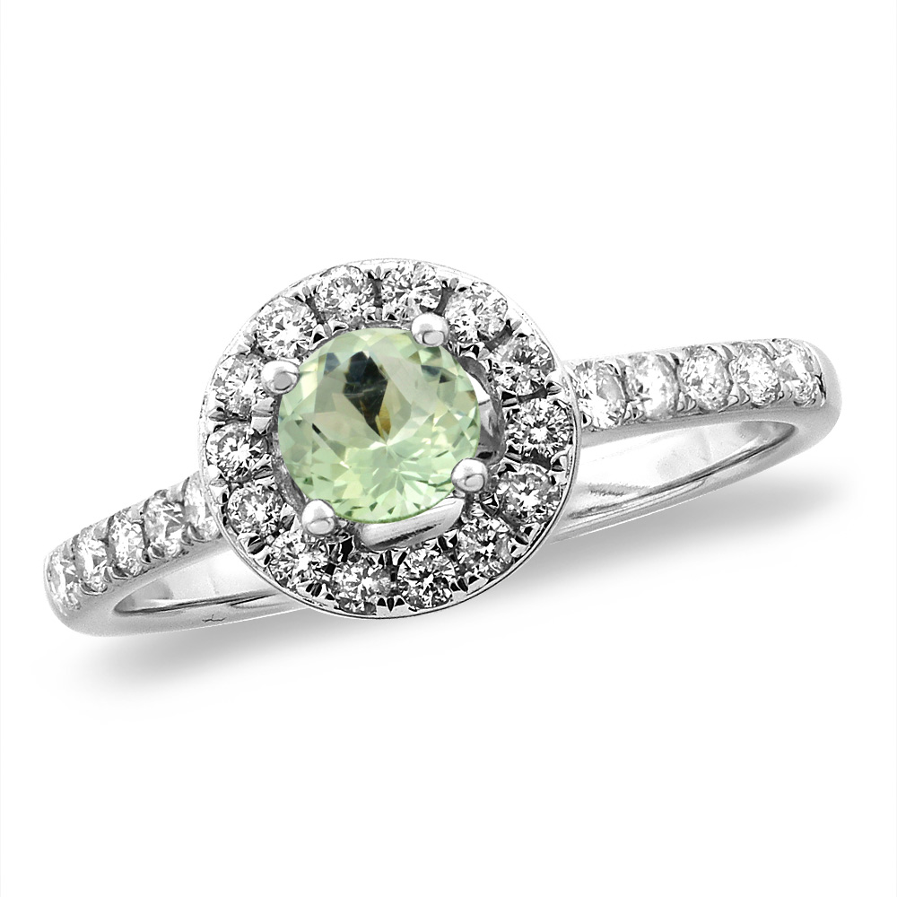 14K White/Yellow Gold Diamond Natural Green Amethyst Halo Engagement Ring Round 4 mm, sizes 5 -10