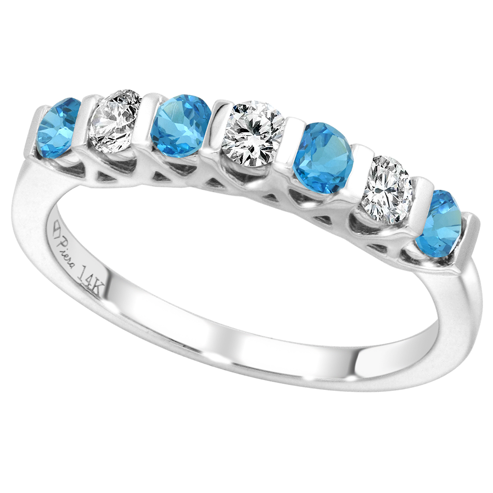 14k White Gold Genuine Swiss Blue Topaz & Diamond 7-Stone Ring Round Brilliant cut 0.3cttw 2.8mm,size5-10