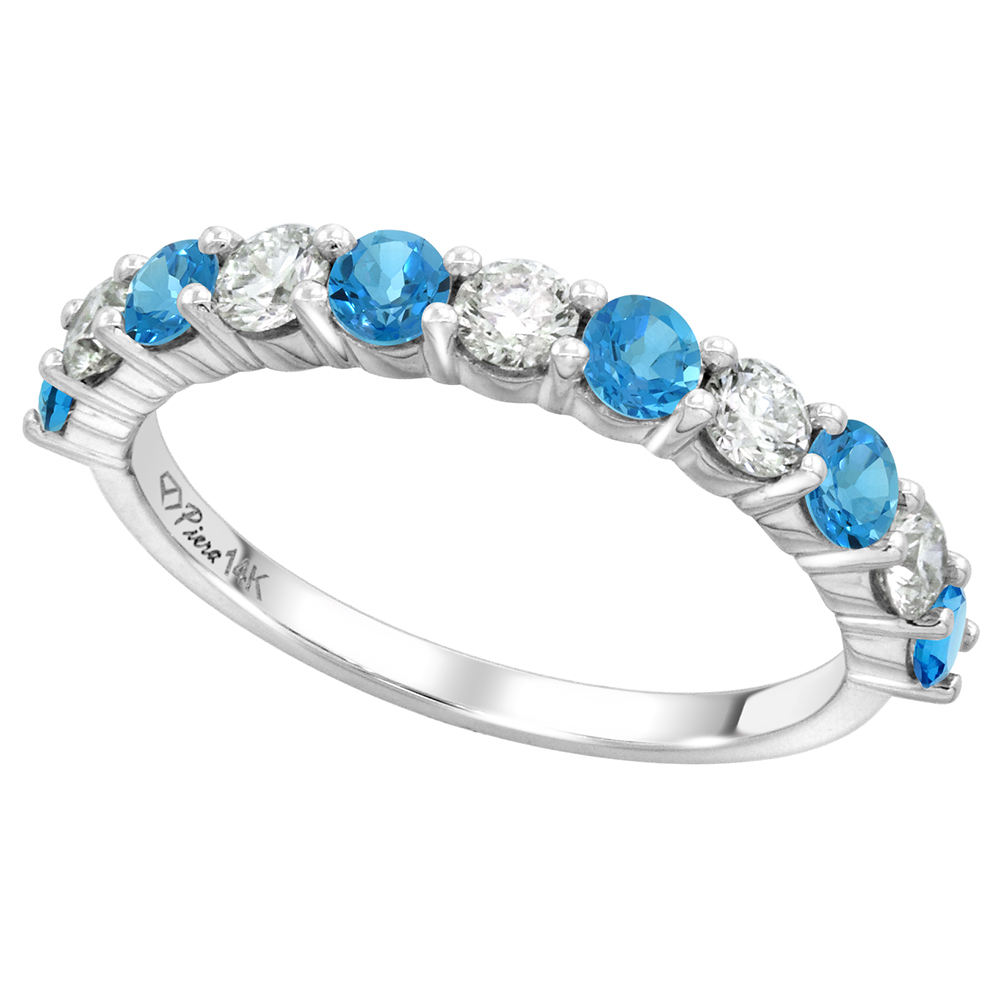 14k White Gold Genuine Swiss Blue Topaz & Diamond 11 Stone Ring Round Brilliant cut 0.6ct 3mm, size 5-10
