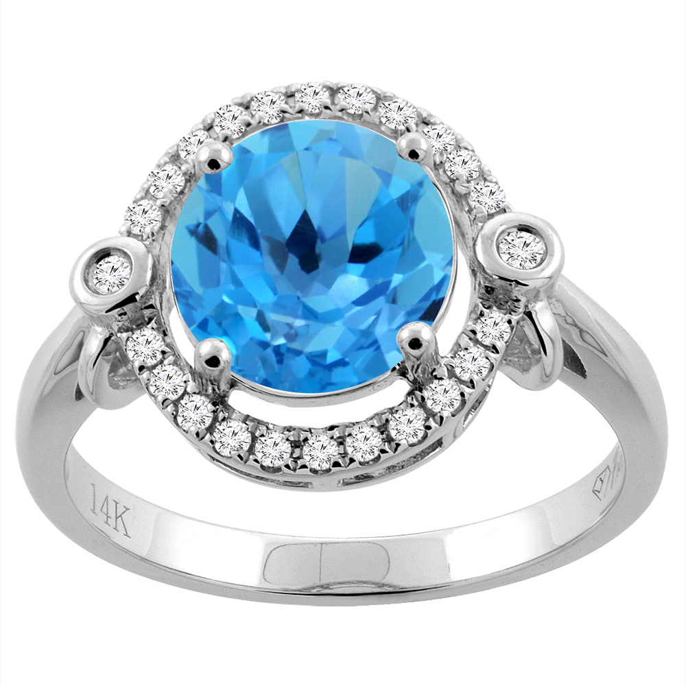 14K White Gold Diamond Natural Swiss Blue Topaz Engagement Ring Oval 10x8mm, sizes 5-10