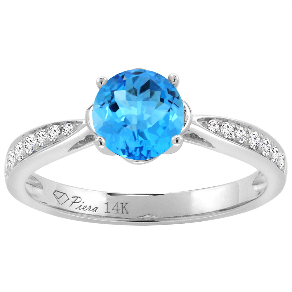 14K White Gold Diamond Natural Swiss Blue Topaz Engagement Ring Round 7 mm, sizes 5-10