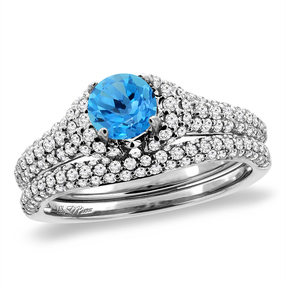14K White Gold Diamond Natural Swiss Blue Topaz 2pc Engagement Ring Set Round 5 mm, sizes 5-10
