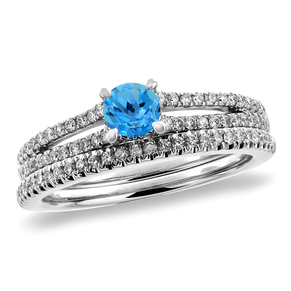 14K White Gold Diamond Natural Swiss Blue Topaz 2pc Engagement Ring Set Round 5 mm,size 5-10