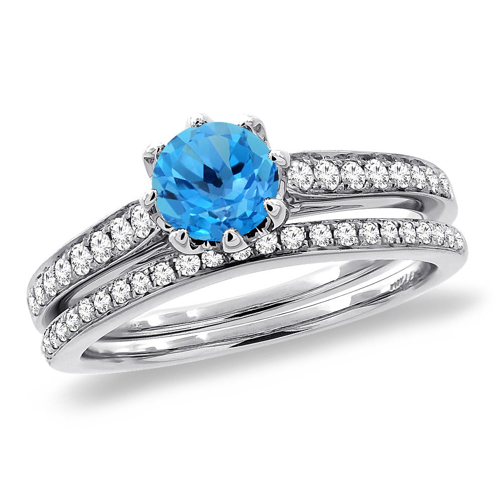 14K White Gold Diamond Natural Swiss Blue Topaz 2pc Engagement Ring Set Round 5 mm,size 5-10