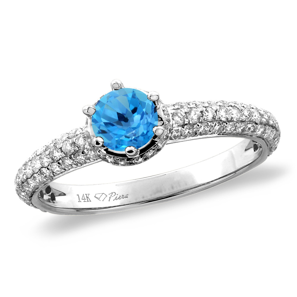 14K White/Yellow Gold Diamond Natural Swiss Blue Topaz Engagement Ring Round 5 mm, size 5-10